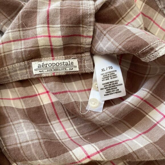 Aéropostale Plaid Button Down Shirt Brown Pink Flannel Top Women’s XL 100% Cotto - Picture 5 of 13